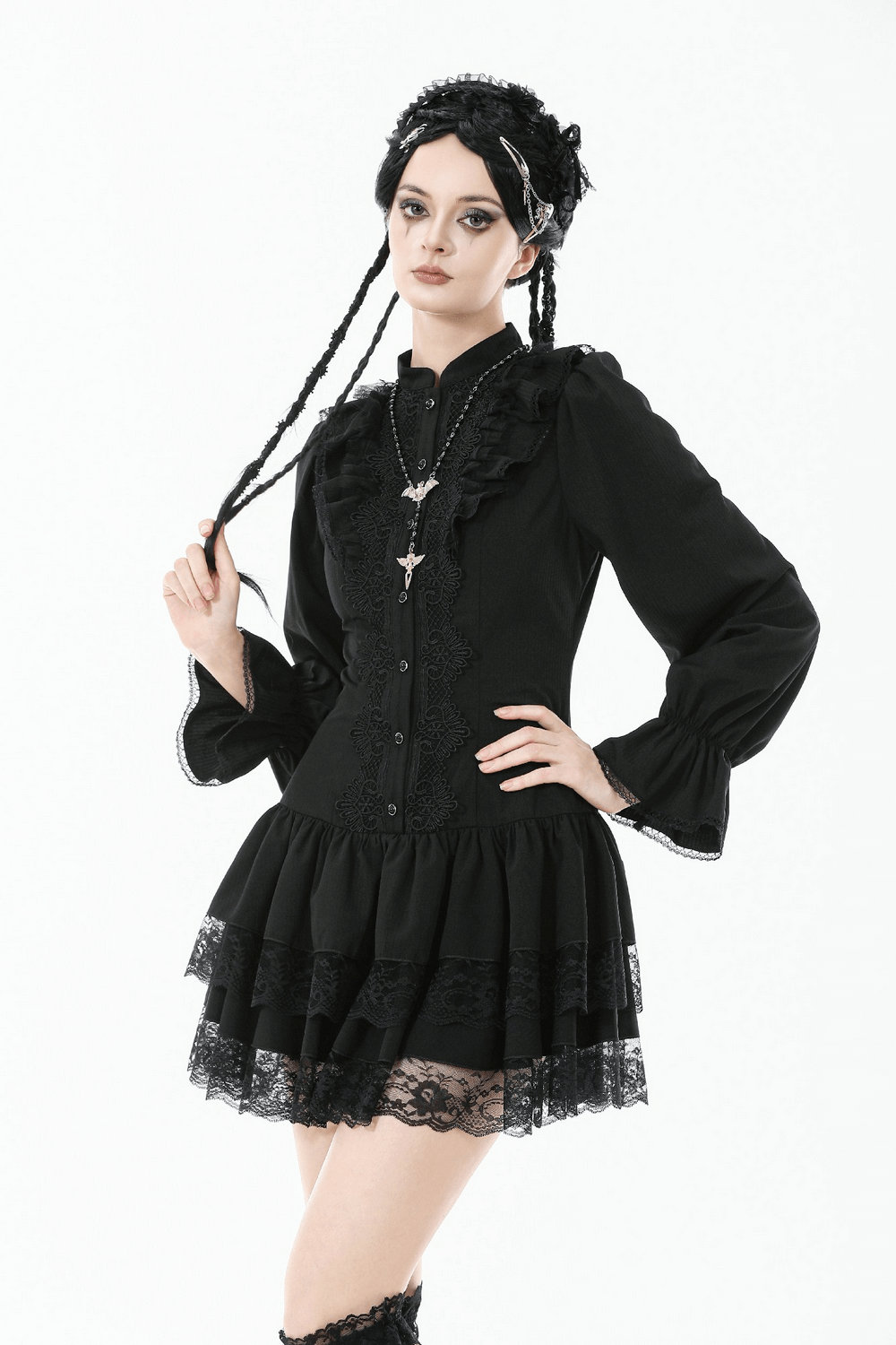 Women's Lace Mini Dress with Long Sleeves and Ruffles featuring ruffles and lace trim for a gothic look.
