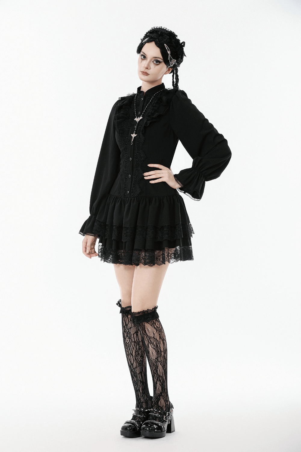 Women's Lace Mini Dress with Long Sleeves and Ruffles worn by model, showcasing dramatic ruffles and lace trim.