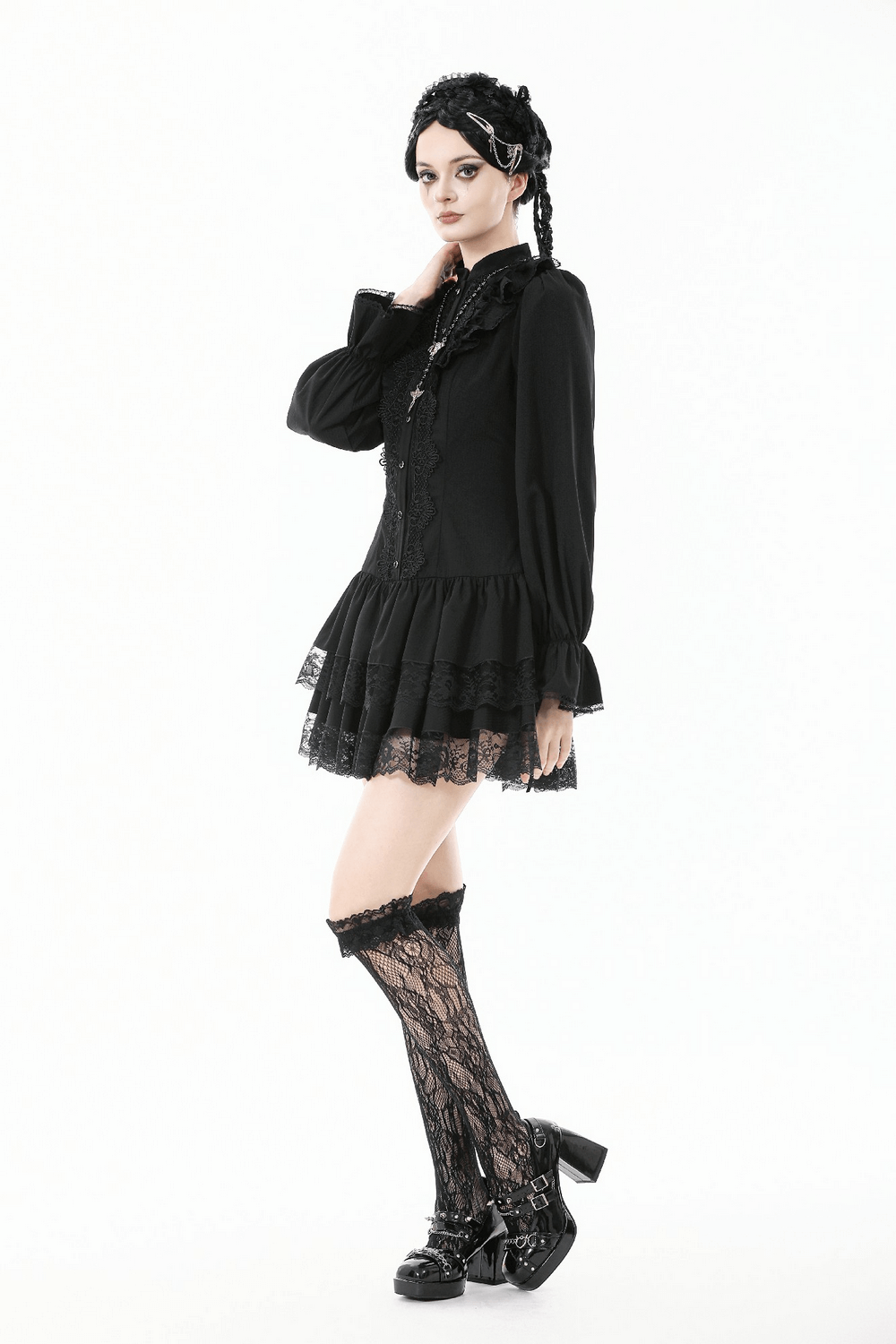 Women's Lace Mini Dress with Long Sleeves and Ruffles worn by a model, featuring lace trim and ruffled layers.