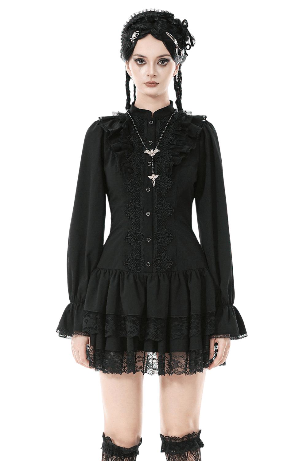 Women's Lace Mini Dress with Long Sleeves and Ruffles, featuring lace trim, ruffles, and puffed long sleeves.
