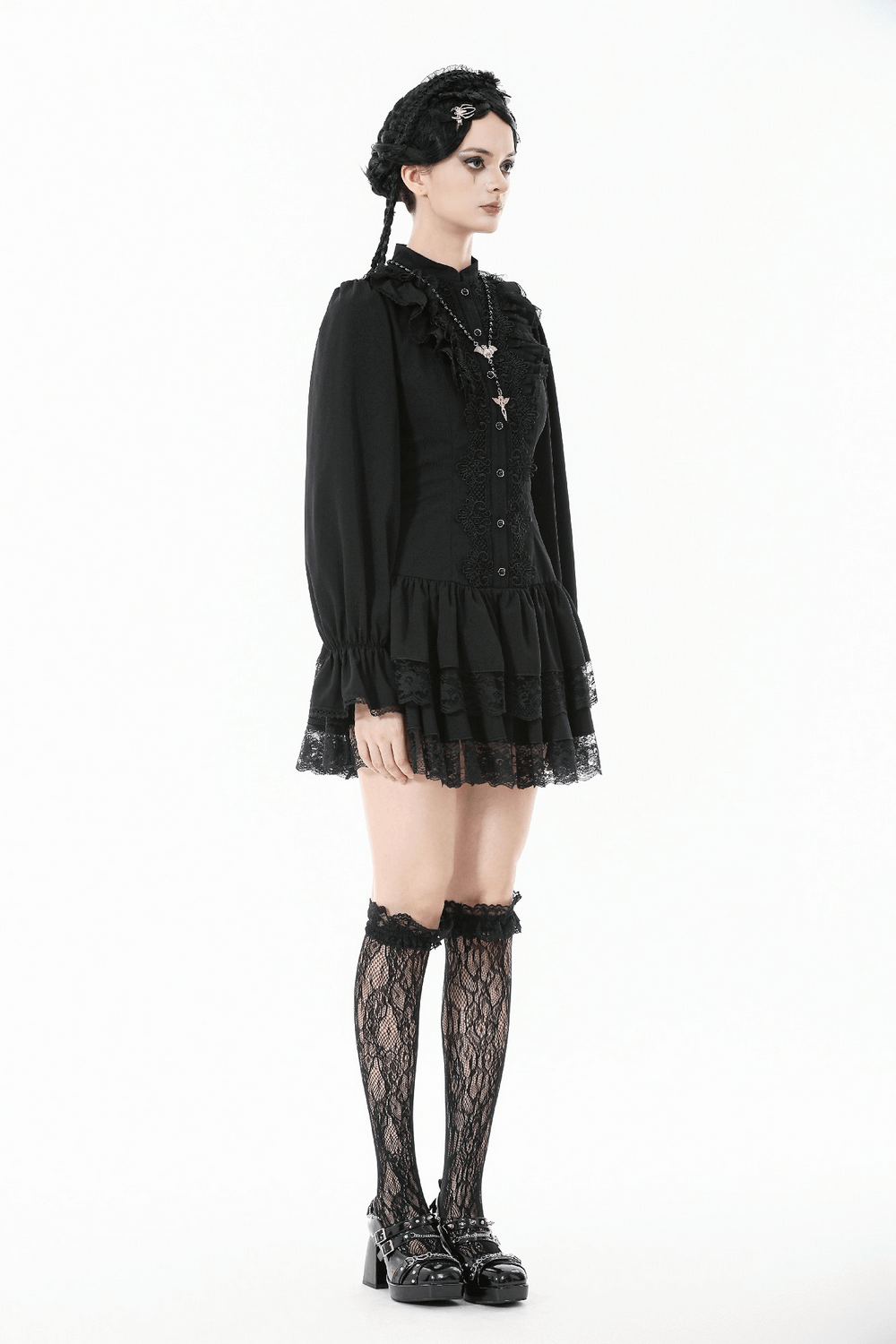 Women's Lace Mini Dress with Long Sleeves and Ruffles, gothic style with ruffles and lace, showcasing dark romance.