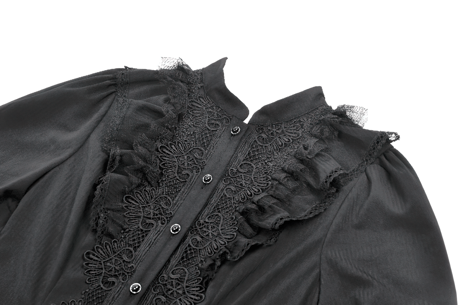 Women's Lace Mini Dress with Long Sleeves and Ruffles – black lace detail close-up with ruffles and buttons.