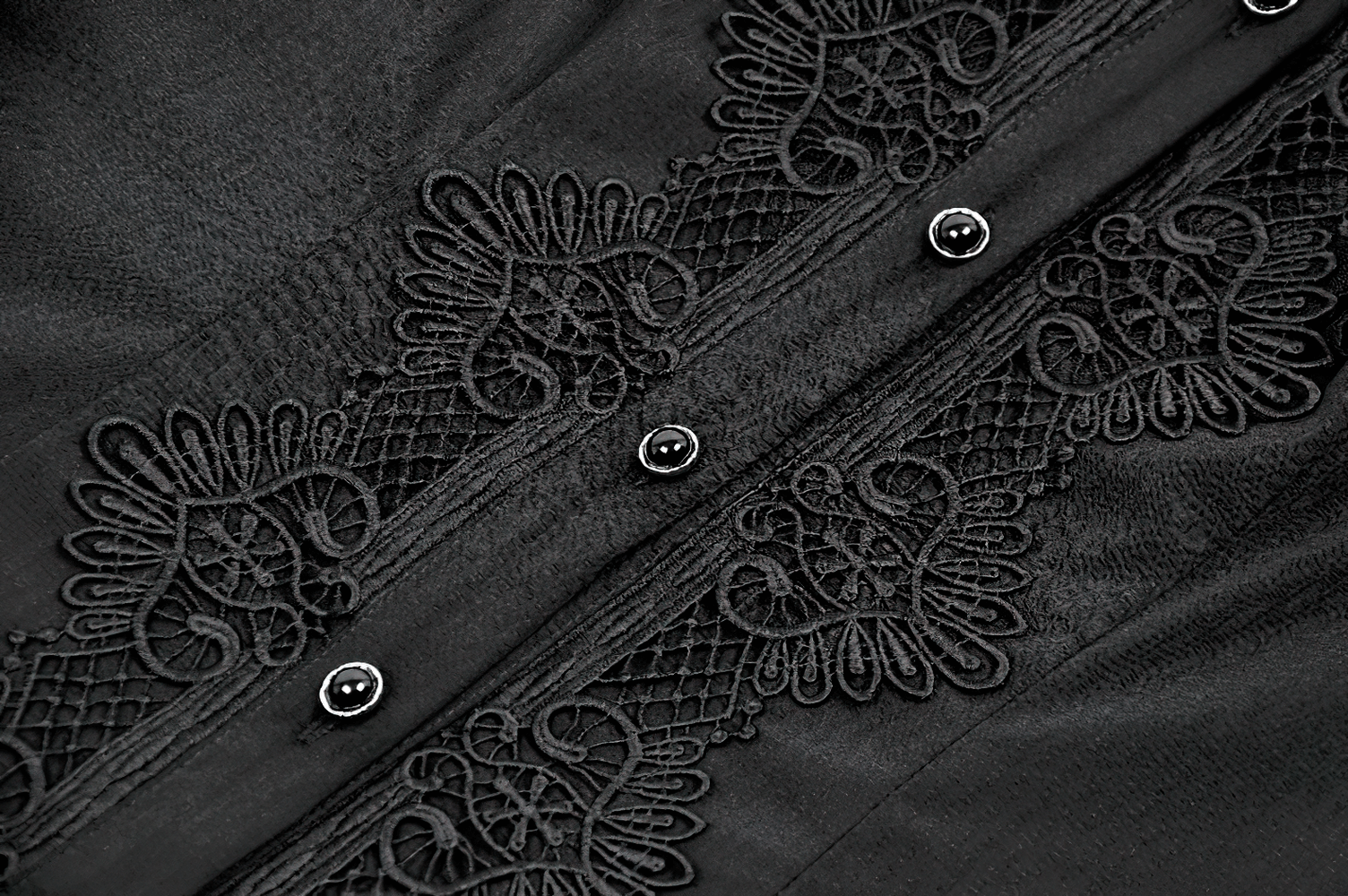 Close-up of intricate lace detail on Women's Lace Mini Dress with Long Sleeves and Ruffles in black.