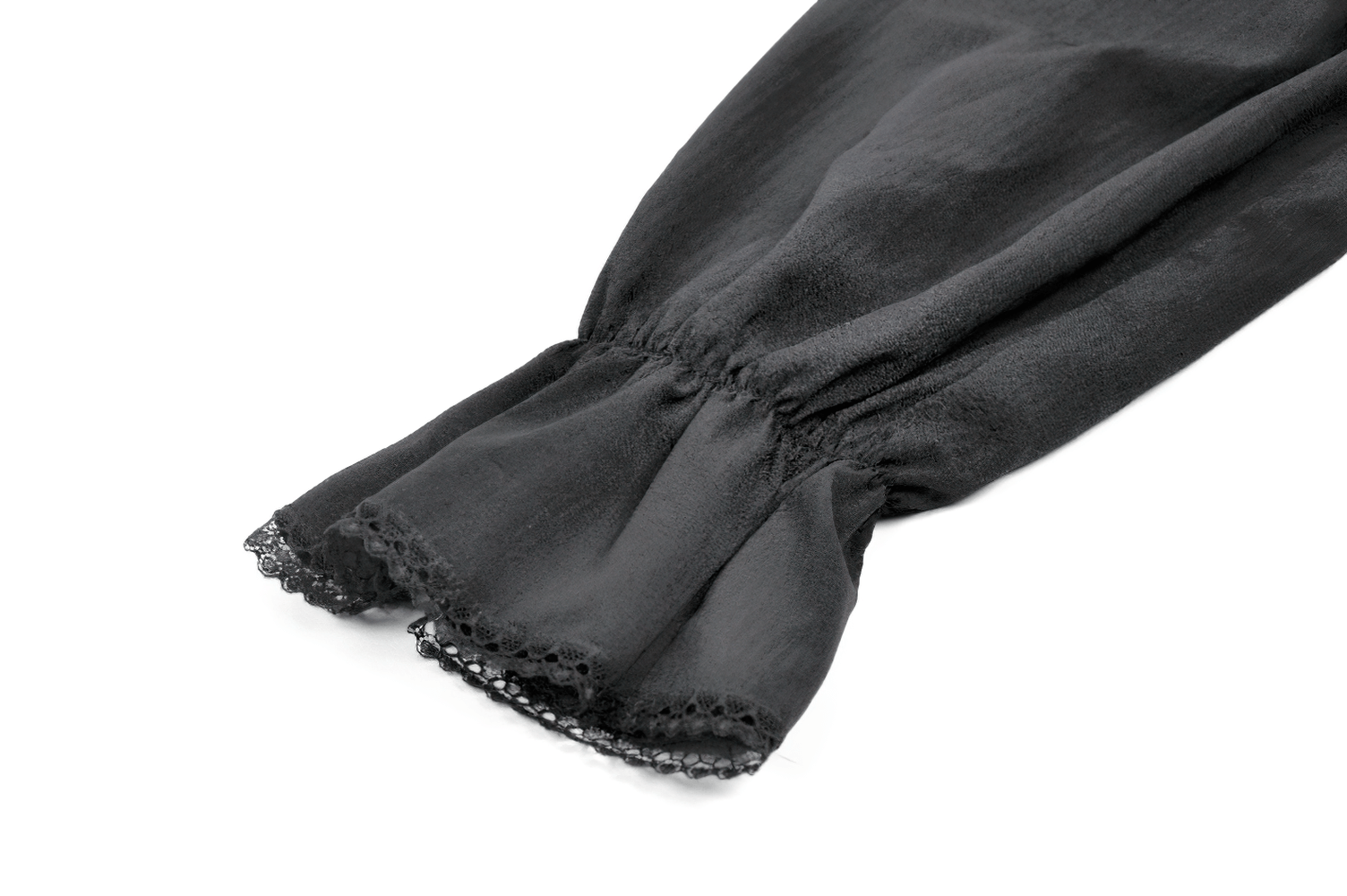 Women's Lace Mini Dress with Long Sleeves and Ruffles black long sleeve lace trim close-up