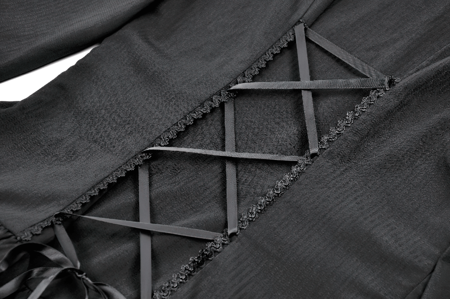 Detail of corset back on Women's Lace Mini Dress with Long Sleeves and Ruffles, showcasing the intricate lace and ruffle design.