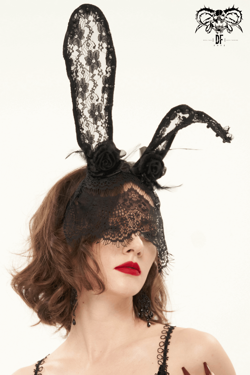 Women's Lace Rabbit Ears Headdress With Face Mask / Gothic Sexy Hair Accessories - HARD'N'HEAVY