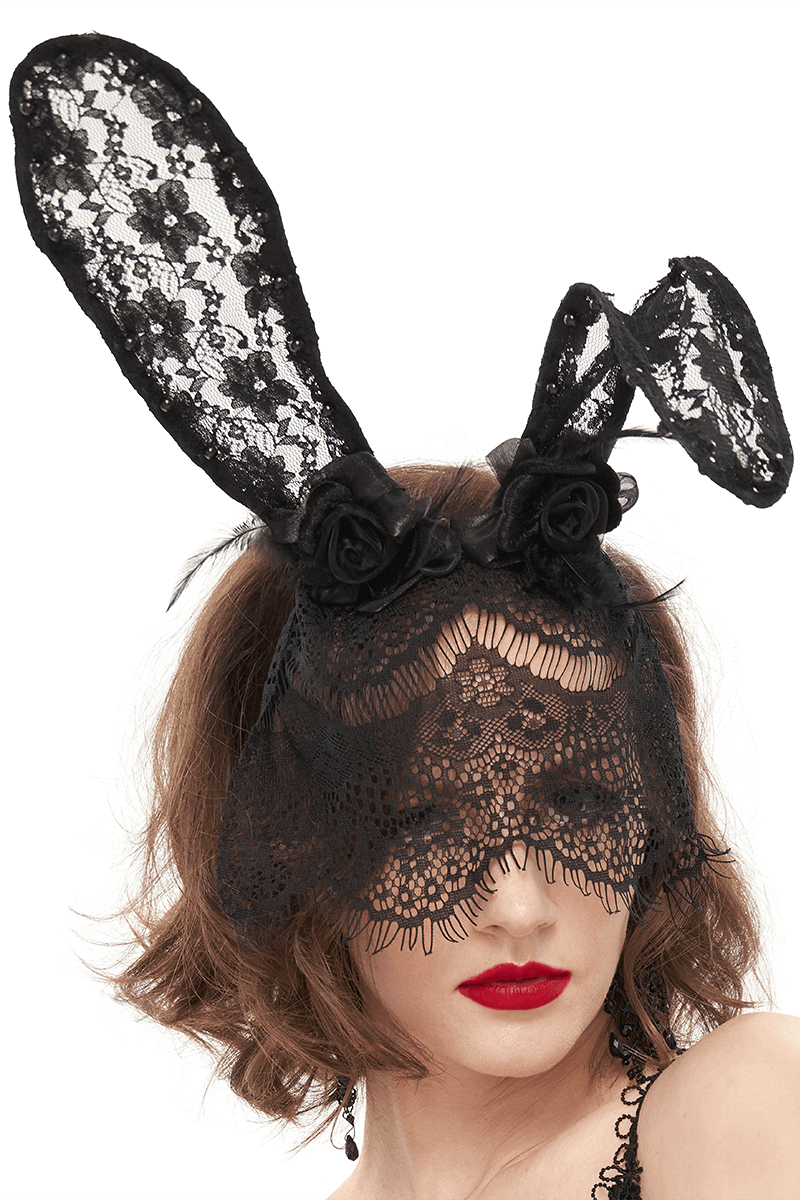 Women's Lace Rabbit Ears Headdress With Face Mask / Gothic Sexy Hair Accessories - HARD'N'HEAVY