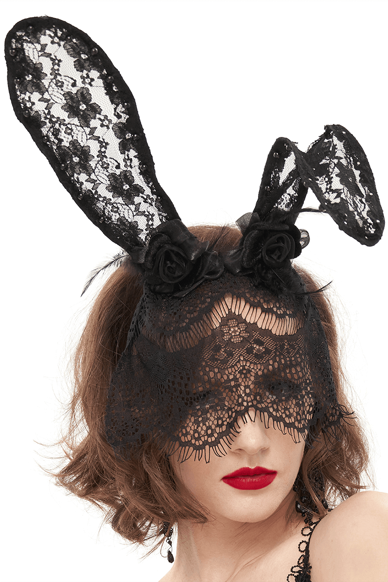 Gothic women's black lace rabbit ears headdress with face mask for stylish outfits.