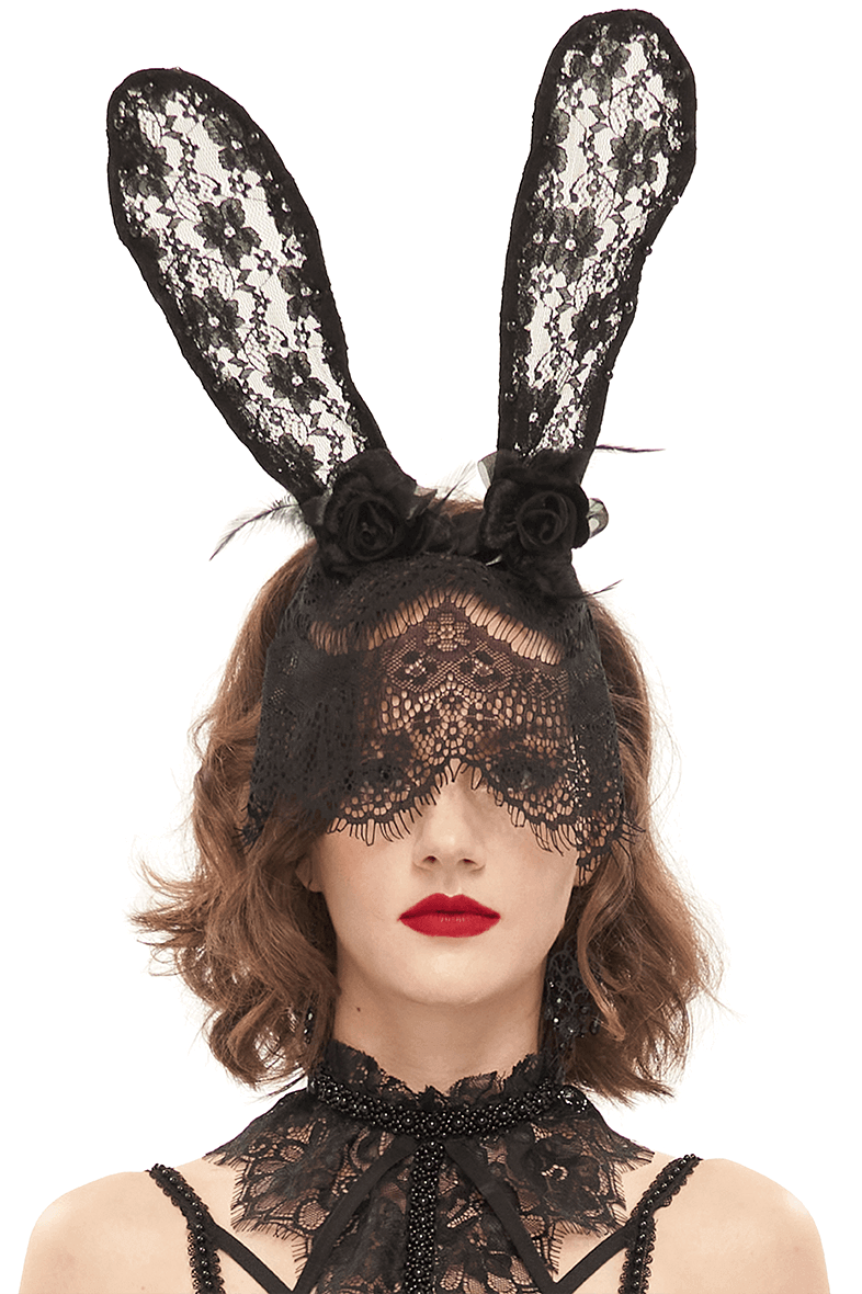 Gothic women's black lace rabbit ears headdress with face mask, perfect for stylish and edgy outfits.