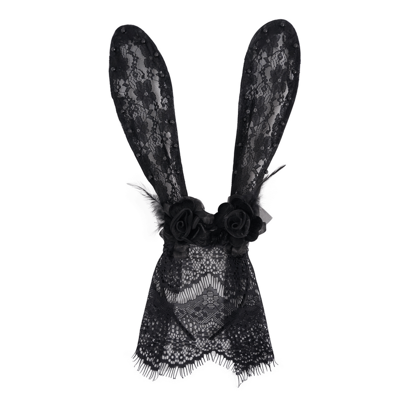 Women's black lace rabbit ears headdress with mask, perfect gothic accessory for stylish outfits.