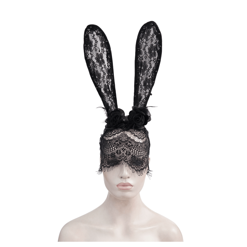 Gothic women's black lace rabbit ears headdress with face mask, perfect for stylish outfits and accessories.