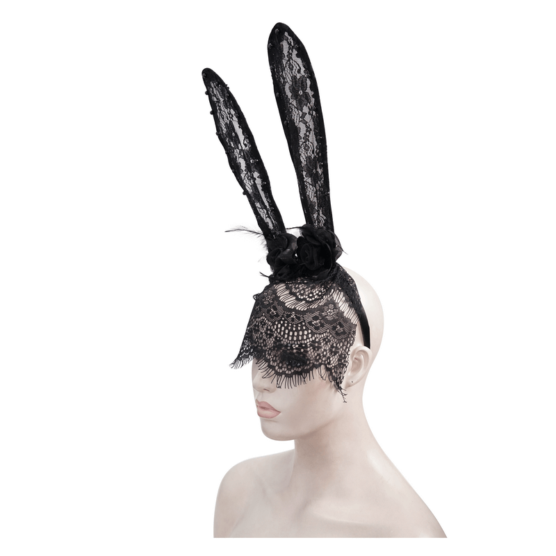 Gothic women's black lace rabbit ears headdress with a face mask, stylish and alluring accessory for gothic outfits.
