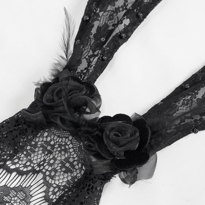 Elegant black lace rabbit ears headdress with floral accents and feathers, perfect for gothic fashion statement.