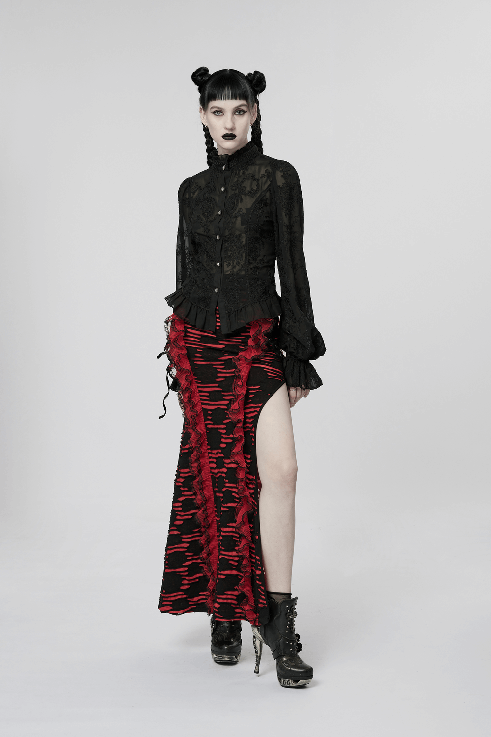 Women's Gothic blouse with ruffles and flare sleeves, paired with a striking red skirt, perfect for evening wear.