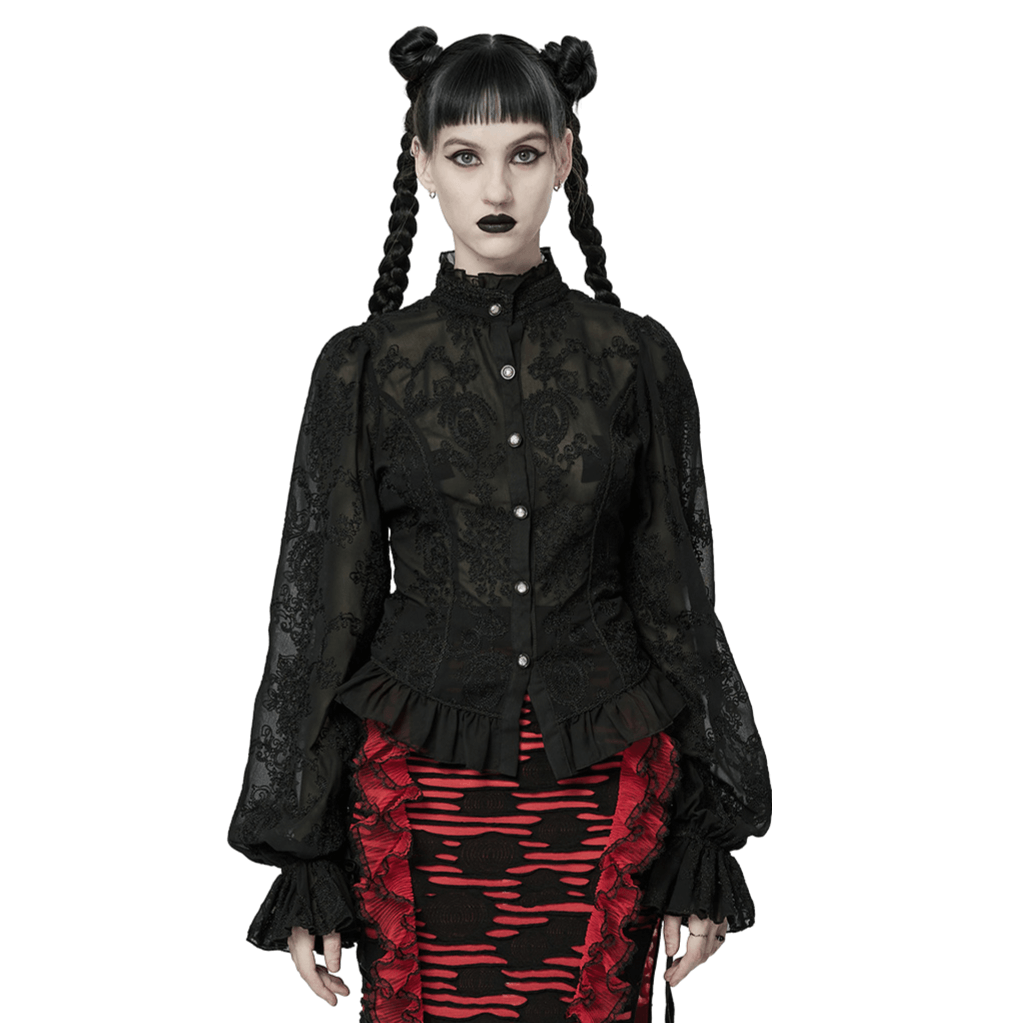 Elegant women's gothic lace ruffle blouse with dramatic sleeves and fitted silhouette, perfect for evening wear.