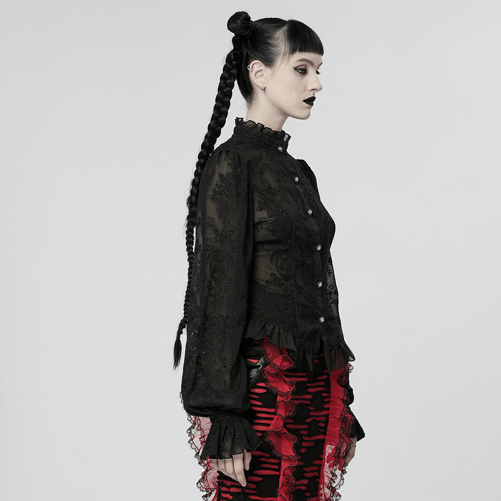 Women's Gothic Lace Ruffle Blouse, featuring dramatic sleeves and elegant buttons, perfect for evening wear.