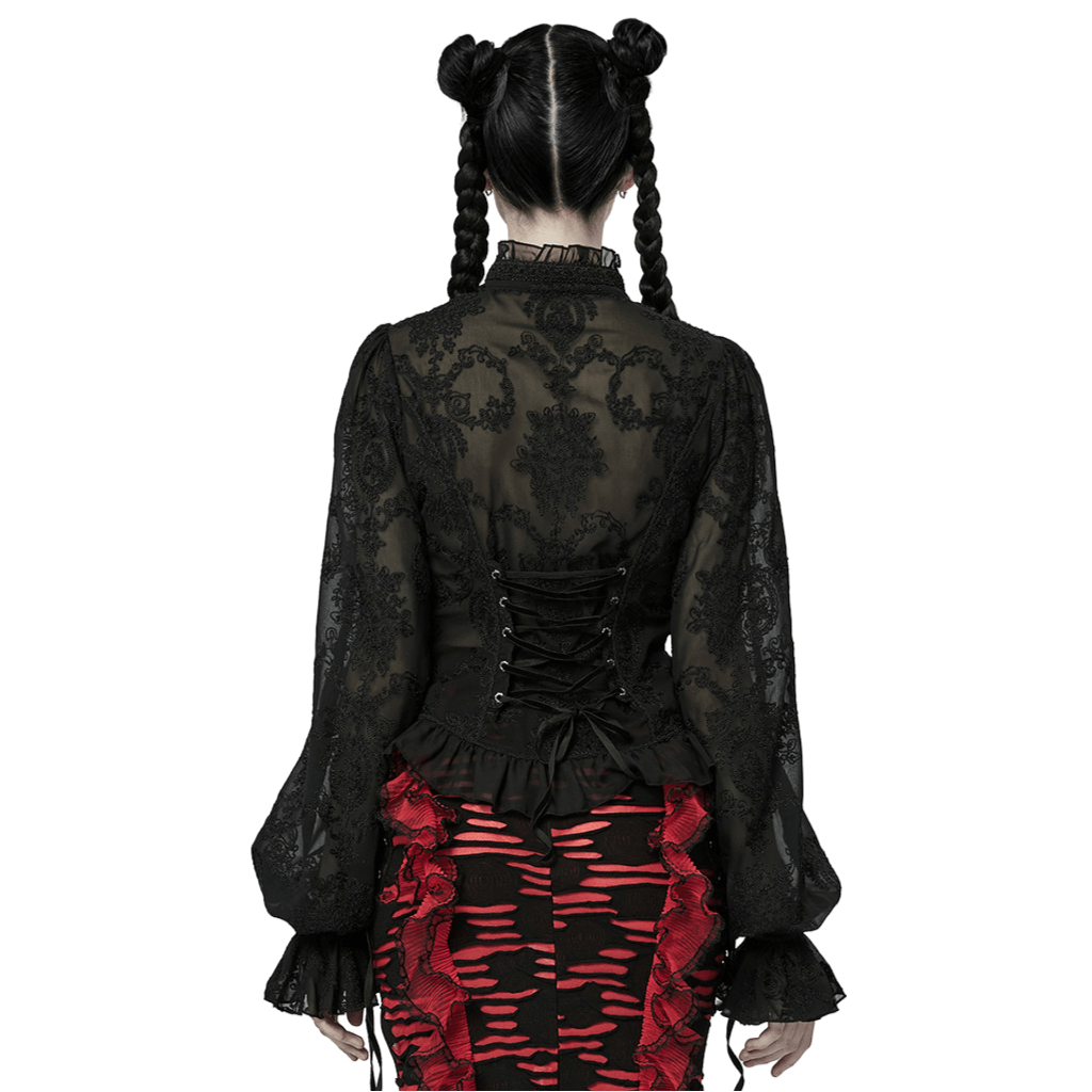 Back view of a women's Gothic lace blouse with ruffled sleeves, paired with a stylish red skirt for evening wear.