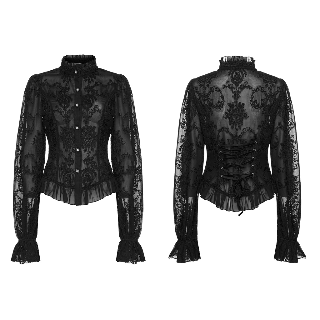 Women's gothic lace blouse featuring ruffle sleeves, high collar, and a fitted silhouette in elegant black chiffon.