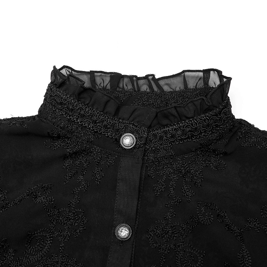 Close-up of a women's gothic chiffon blouse featuring ruffled stand collar and intricate embroidery details.