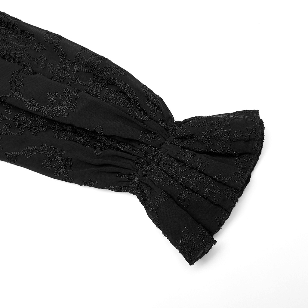 Close-up of a black Gothic blouse sleeve with intricate embroidery and ruffled cuffs, showcasing elegance and edginess.