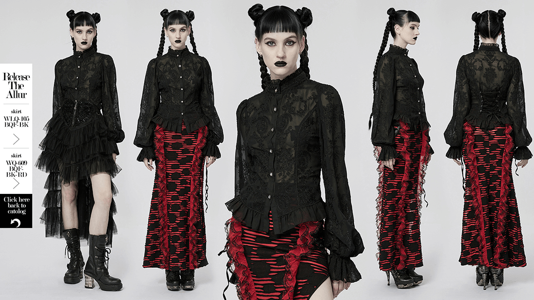 Women's gothic lace blouse with ruffled collar, styled with red skirt and edgy boots, perfect for evening wear.