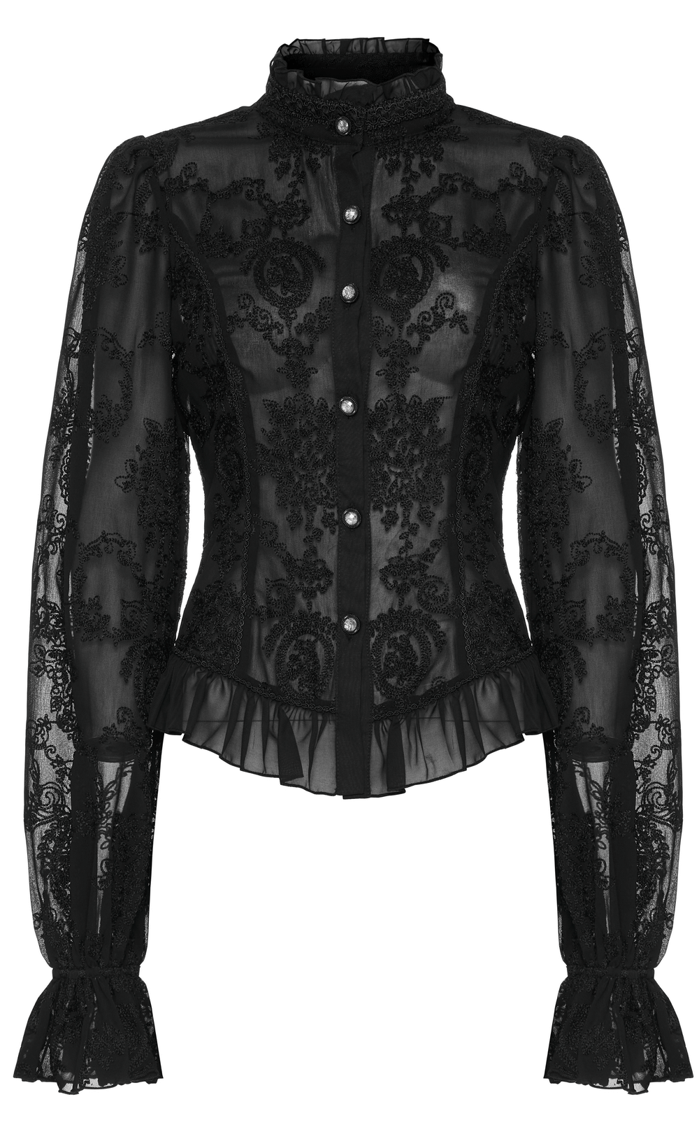 Women's Gothic Lace Ruffle Blouse with Flare Sleeves and Button Detail for Elegant Evening Wear.
