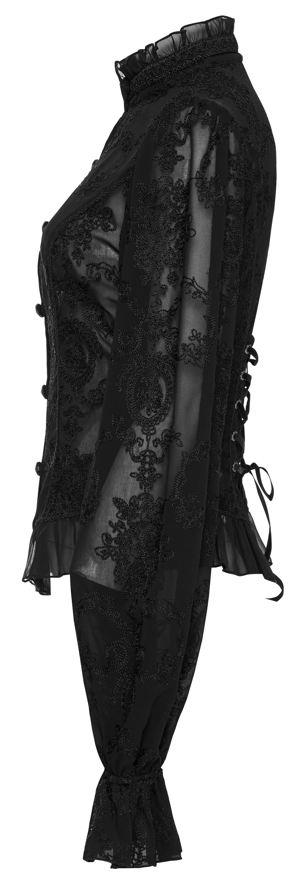 Stylish women's gothic lace ruffle blouse featuring chiffon fabric and dramatic flare sleeves.