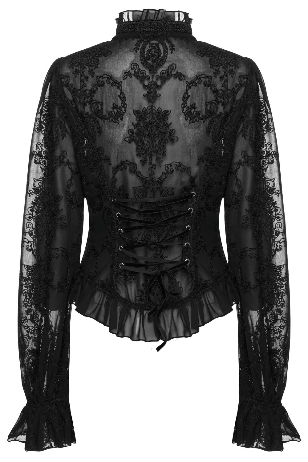 Elegant women's gothic blouse with lace detailing, ruffled sleeves, and a fitted silhouette for evening wear.