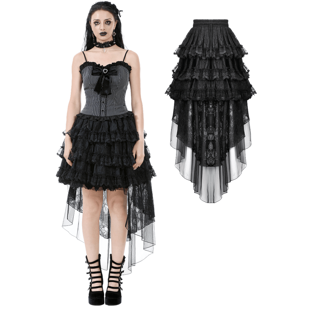 Gothic women's high-low lace ruffled skirt with sheer layers and adjustable waistband, styled with edgy elegance.