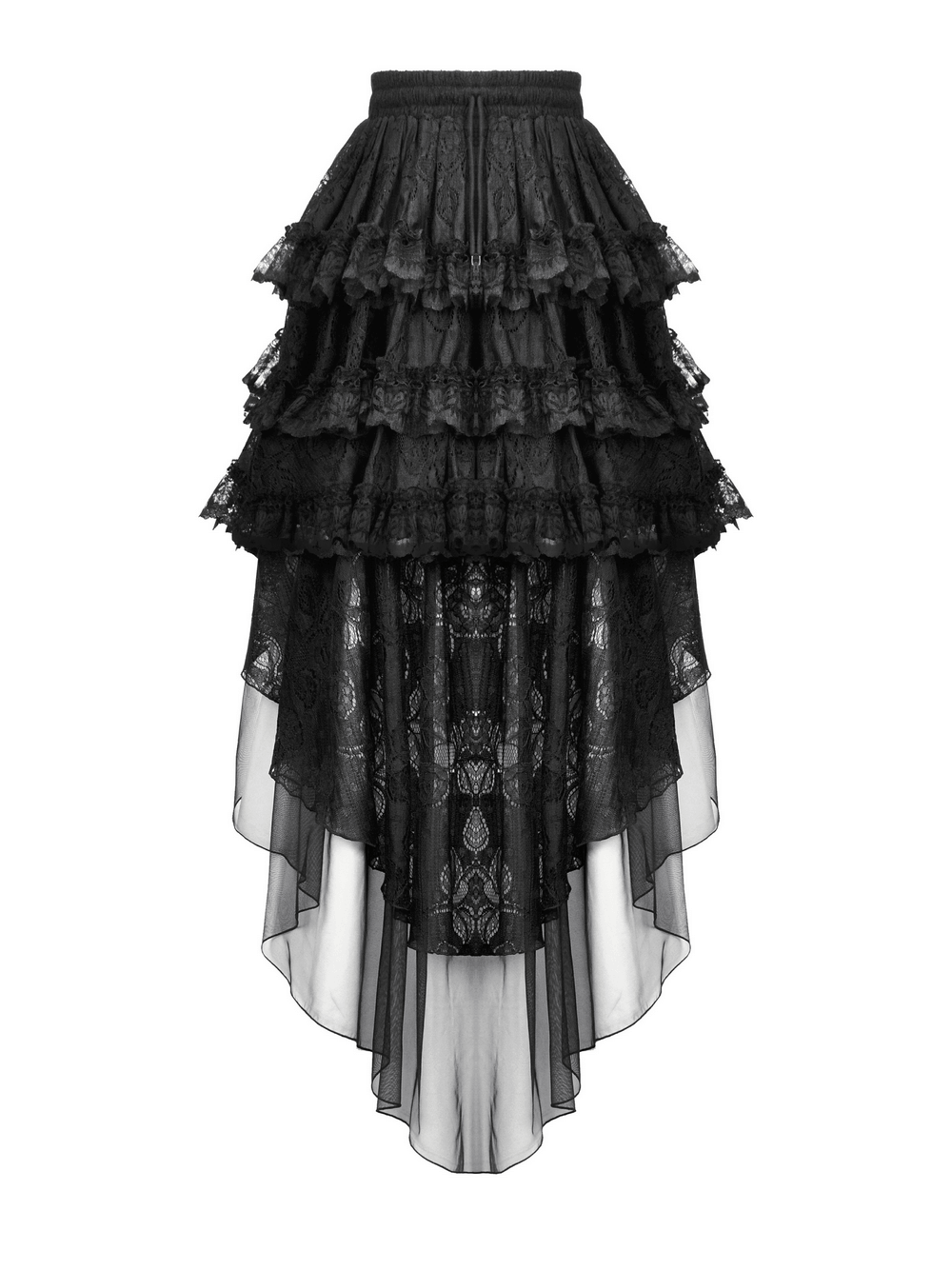 Gothic lace ruffled high-low skirt with sheer tulle layers, perfect for a vintage, edgy fashion statement.