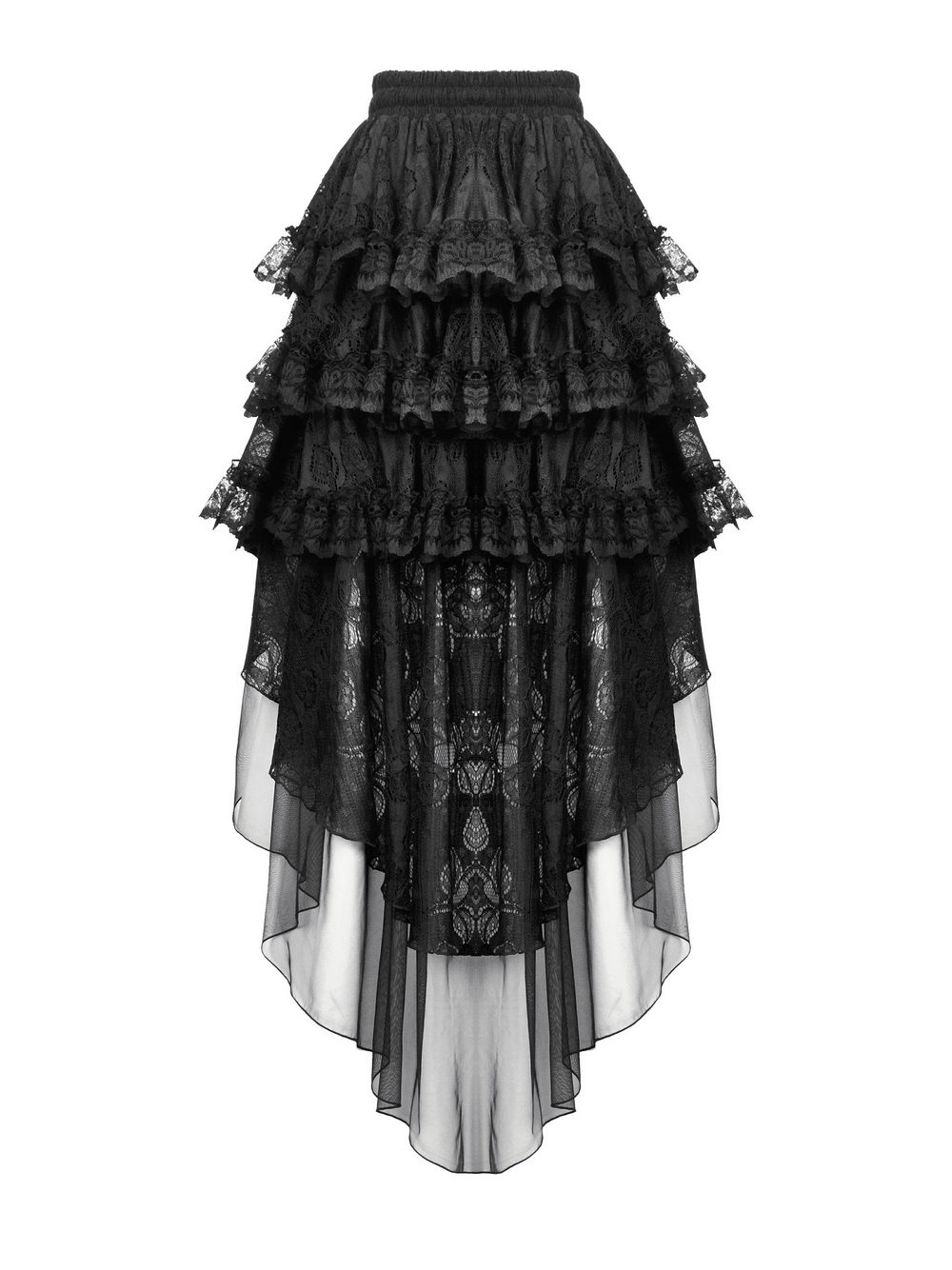 Women's gothic high-low skirt featuring lace ruffles and sheer tulle layers, perfect for alternative fashion.