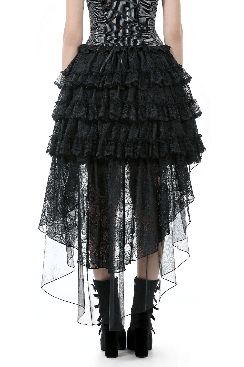 Back view of a women's gothic lace ruffled high-low skirt with sheer tulle layers, styled for an edgy vintage look.