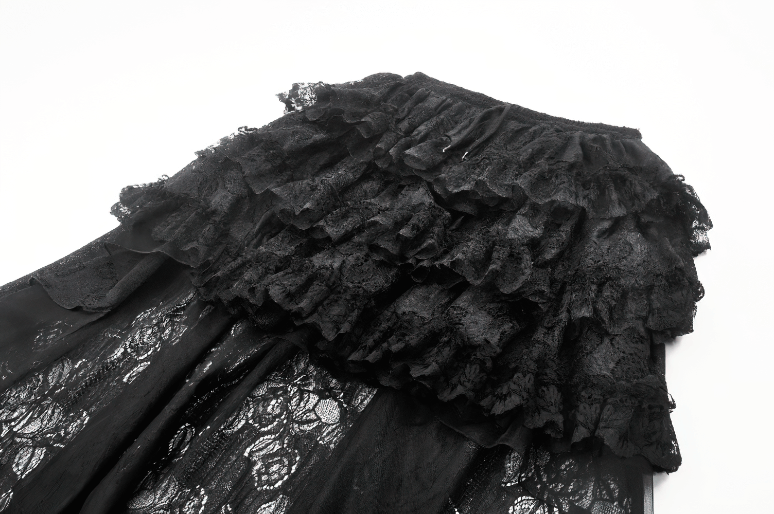 Close-up of a women's gothic lace ruffled high-low skirt showcasing intricate lace and sheer tulle layers.