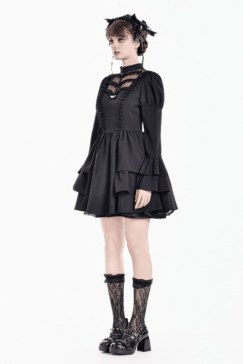 Women's Lace Trim Bat Pendant Tiered Ruffle Skater Dress black Gothic mini dress with lace trim, puff sleeves and bat pendant