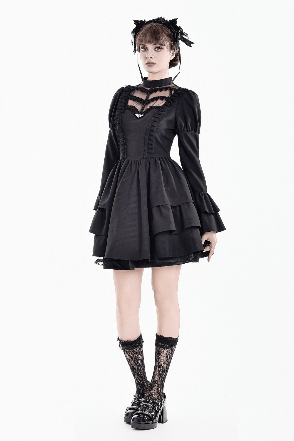 Women's Lace Trim Bat Pendant Tiered Ruffle Skater Dress in black, Gothic mini dress with lace yoke, puff sleeves and tiered ruffles