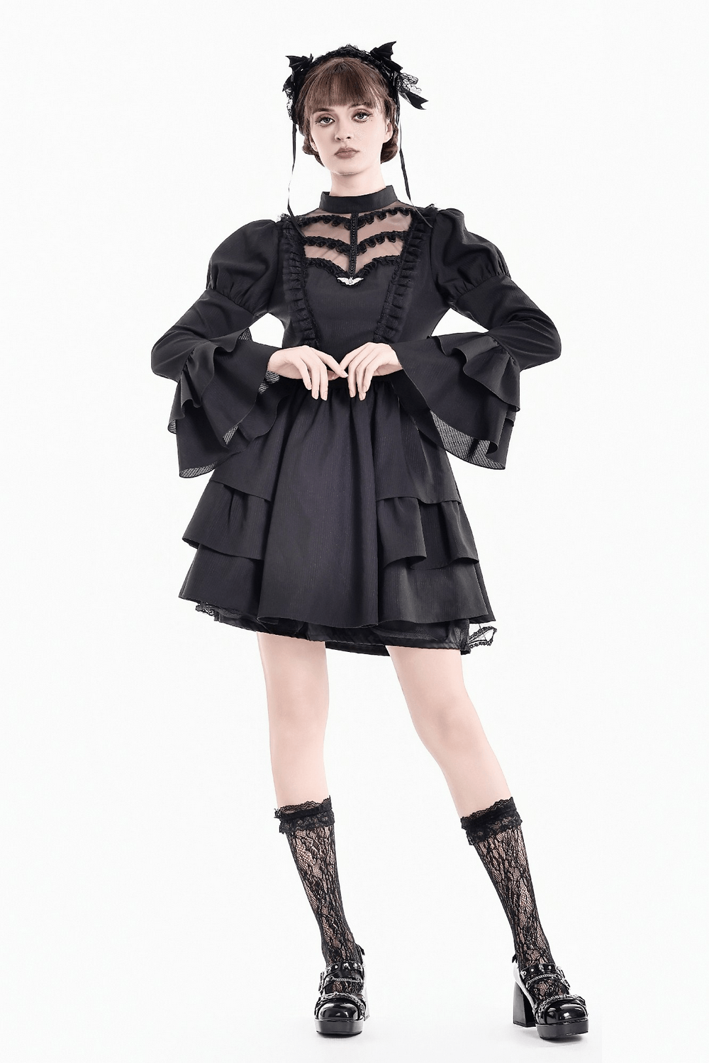 Women's Lace Trim Bat Pendant Tiered Ruffle Skater Dress, gothic black mini with puff sleeves and lace yoke
