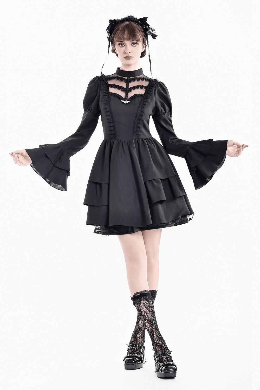 Women's Lace Trim Bat Pendant Tiered Ruffle Skater Dress black Gothic mini dress with lace yoke and tiered skirt