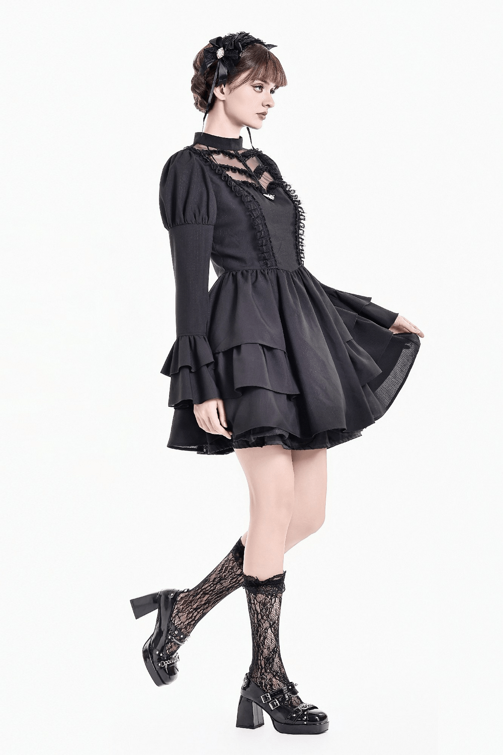 Women's Lace Trim Bat Pendant Tiered Ruffle Skater Dress in black, Gothic mini dress with lace yoke and puff sleeves