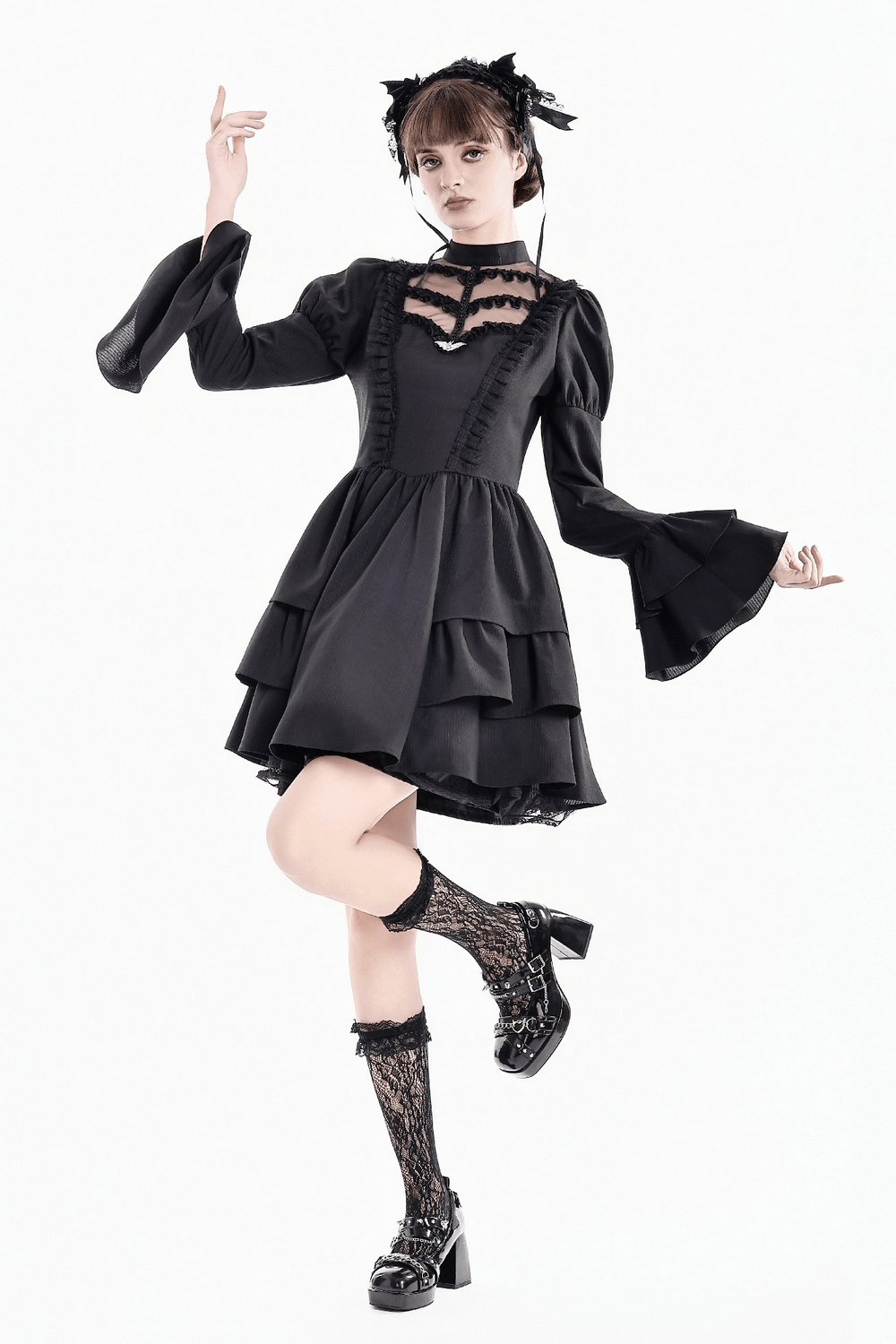 Women's Lace Trim Bat Pendant Tiered Ruffle Skater Dress gothic black mini dress with puff sleeves and tiered skirt