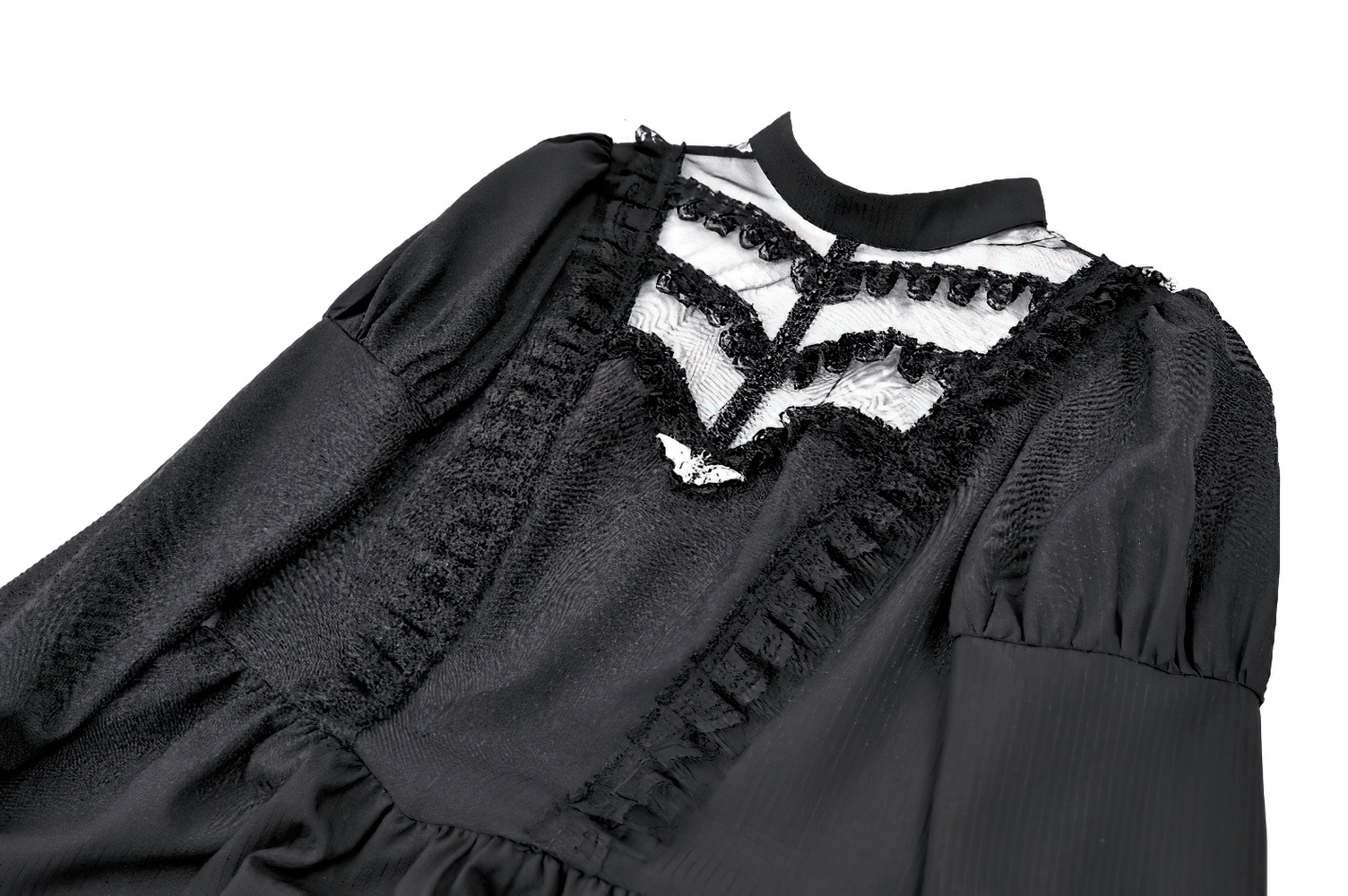 Women's Lace Trim Bat Pendant Tiered Ruffle Skater Dress black Gothic mini dress with sheer mesh yoke and puff sleeves