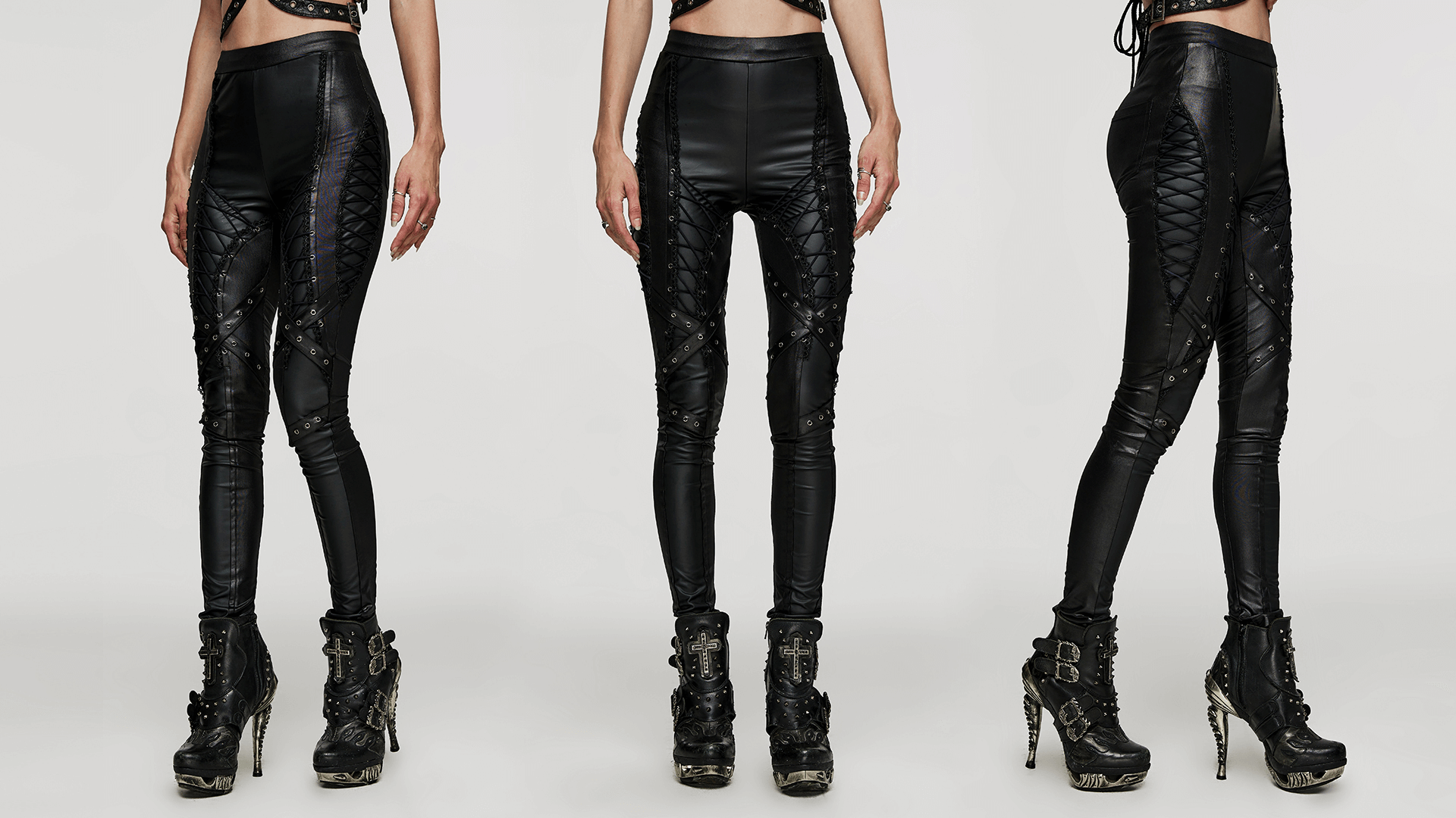 Women's Lace-Up Faux Leather Slim Fit Punk Style Pants