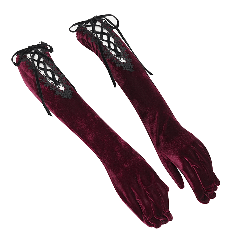 Women's Laceup Lace Hem Velvet Gothic Wine Red Gloves