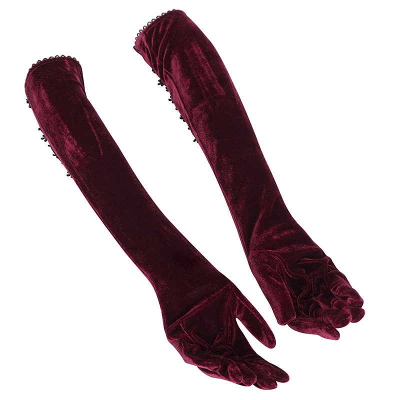 Women's Laceup Lace Hem Velvet Gothic Wine Red Gloves