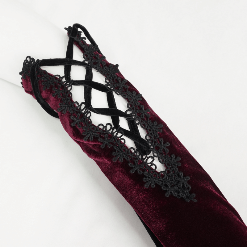 Women's Lace-up Lace Hem Velvet Gloves / Gothic Wine Red Long Gloves - HARD'N'HEAVY
