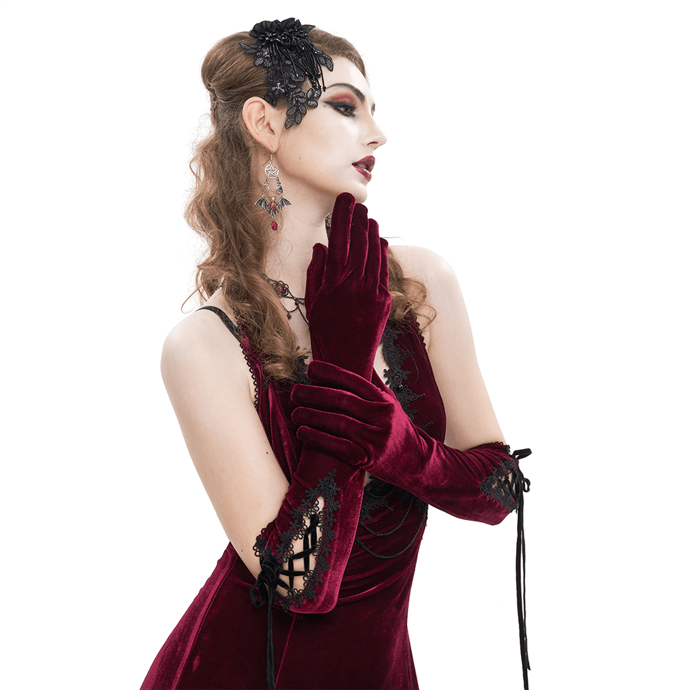 Women's Lace-up Lace Hem Velvet Gloves / Gothic Wine Red Long Gloves - HARD'N'HEAVY