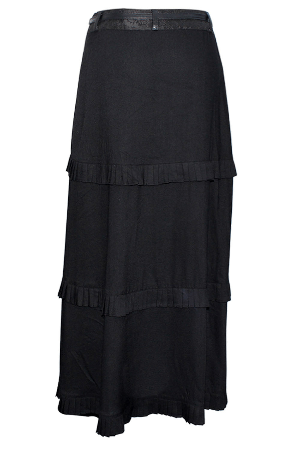 Alt Tag: Women's Layered Black Skirt with Chain Detail Ruffles long black layered maxi skirt with ruffle tiers and defined waistband