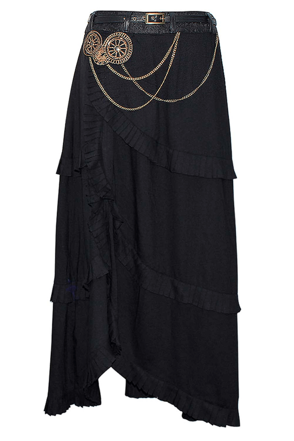 Alt Tag: Women's Layered Black Skirt with Chain Detail Ruffles with steampunk chain accents, layered ruffles, asymmetrical long gothic silhouette