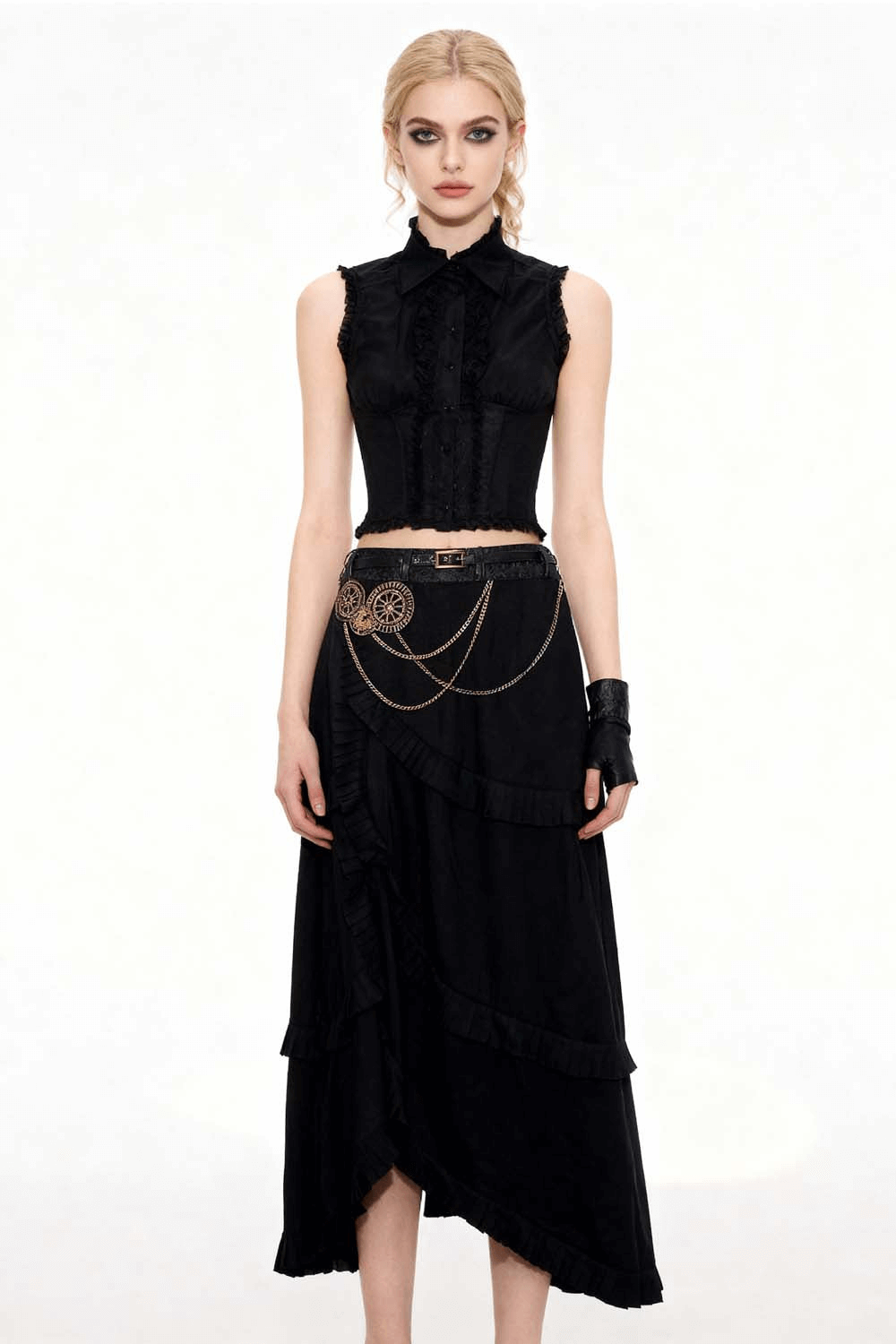 Alt Tag: Women's Layered Black Skirt with Chain Detail Ruffles asymmetrical steampunk maxi skirt with ruffles, embroidered waist trim and chains