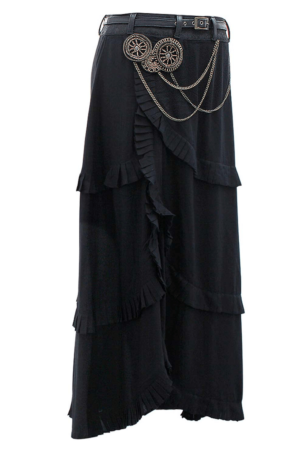 Alt Tag: Women's Layered Black Skirt with Chain Detail Ruffles black steampunk long skirt with layered ruffles, embroidered waist trim and chains