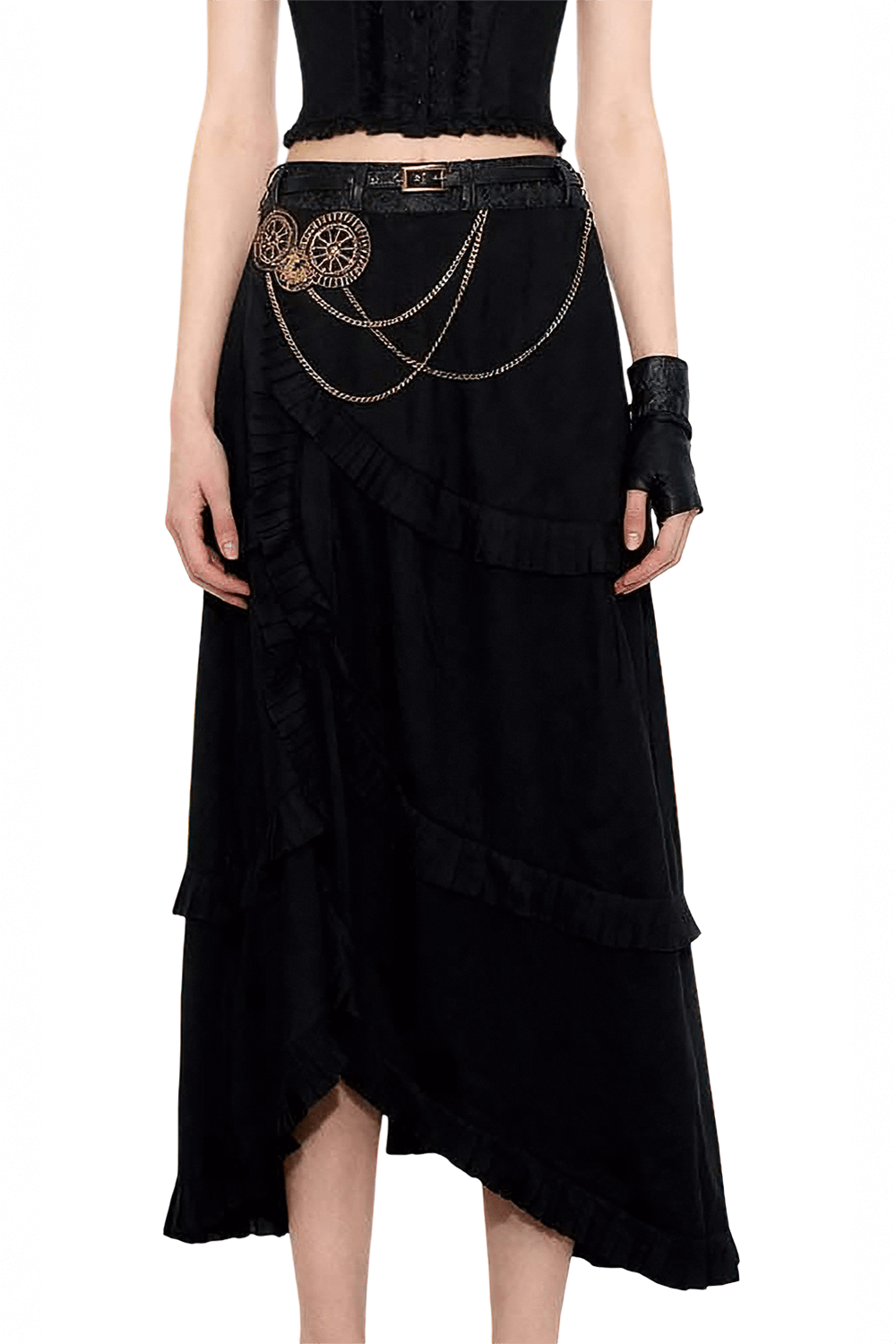 Alt Tag: Women's Layered Black Skirt with Chain Detail Ruffles steampunk asymmetrical long skirt with chain belt and cascading ruffles